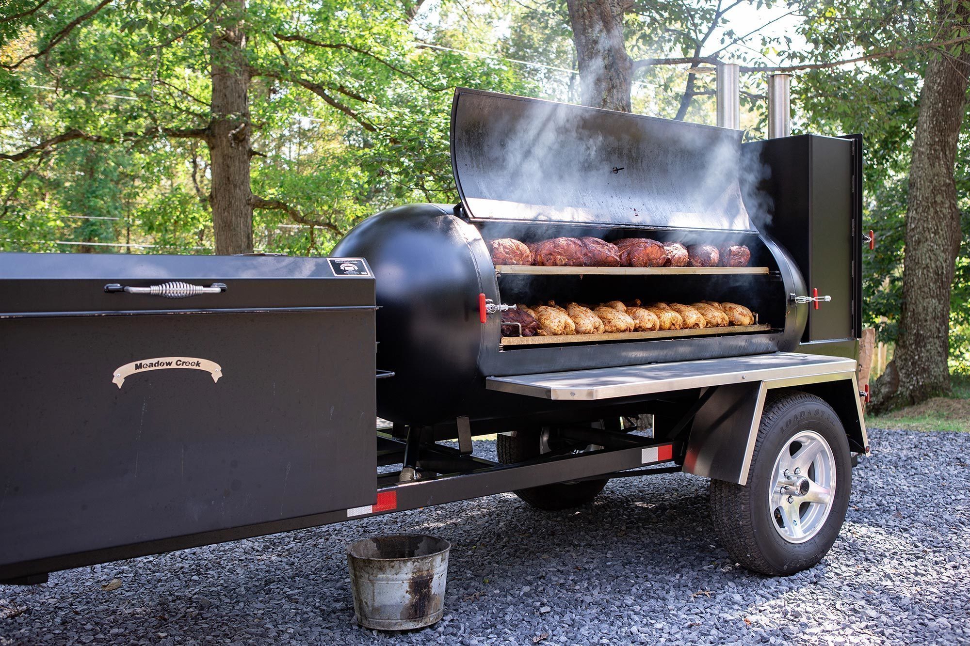 My BBQ Smoker Trailer Smoking and Searing Spatchcock Chickens