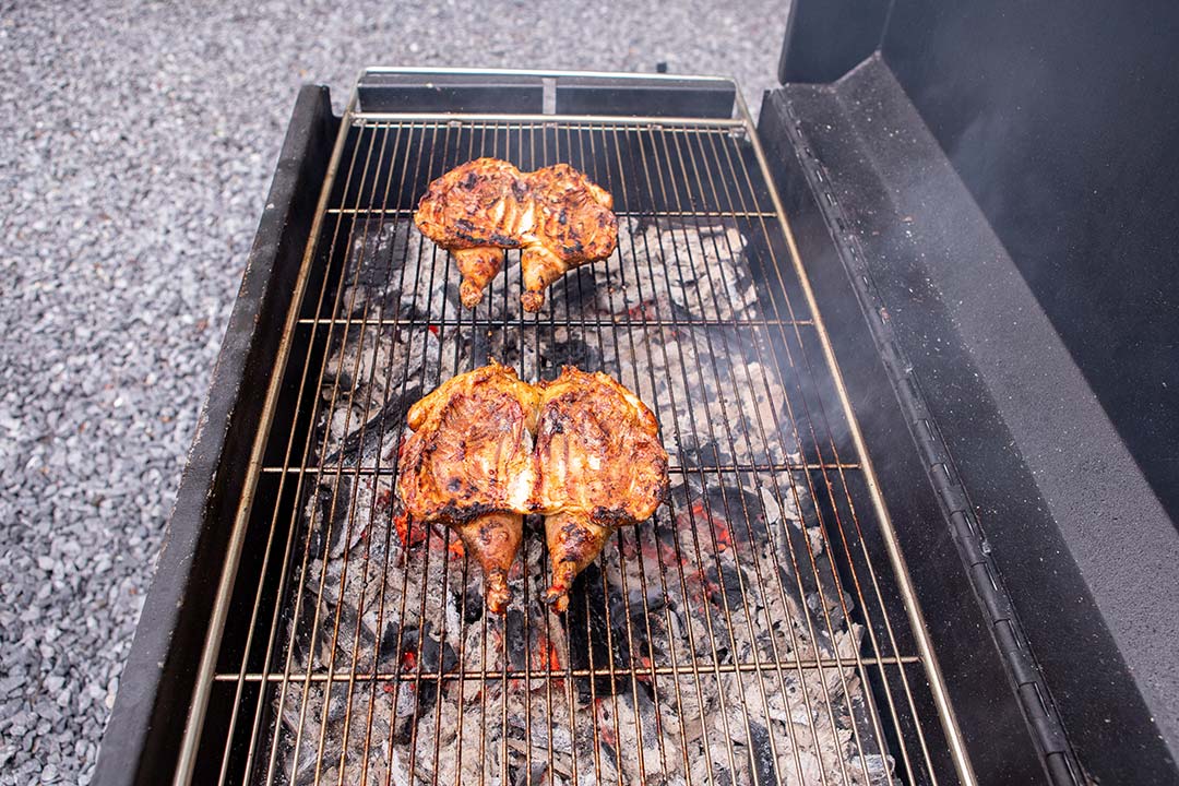 My BBQ Smoker Trailer Smoking and Searing Spatchcock Chickens