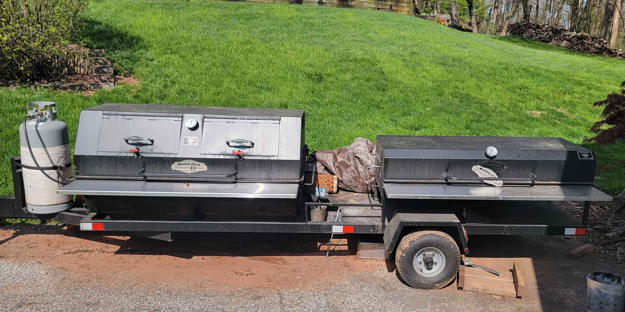 Meadow Creek Trailer With PR60G Gas Grill and BBQ60 Charcoal Grill With Charcoal Pullout (2 years old)